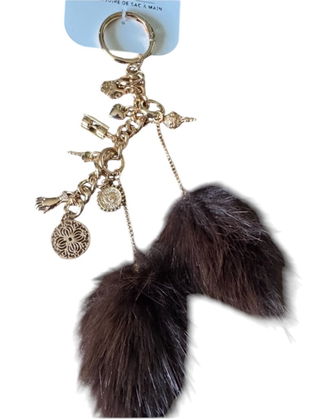 Gold-Tone Charm Keychain with Dark Brown Fur Pom Pom  NWT